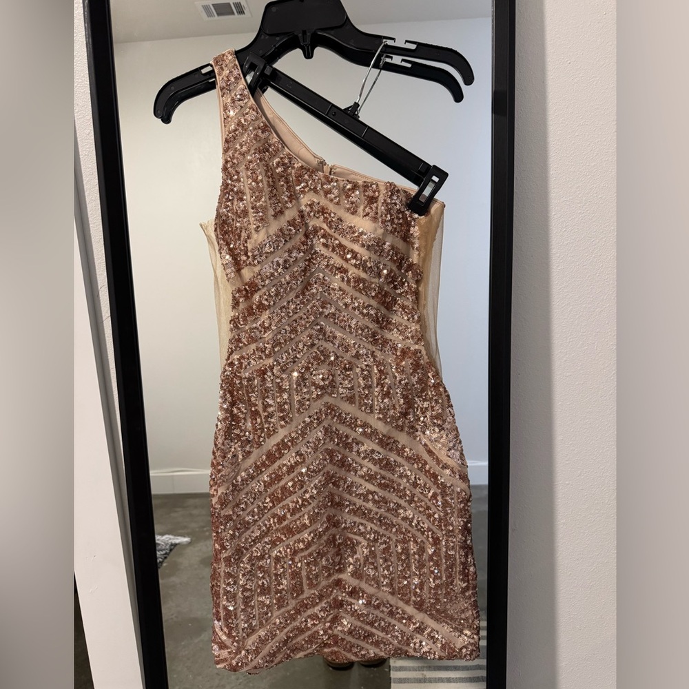 Jovani Rose Gold Asymmetrical Sequin Bodycon Mini Dress